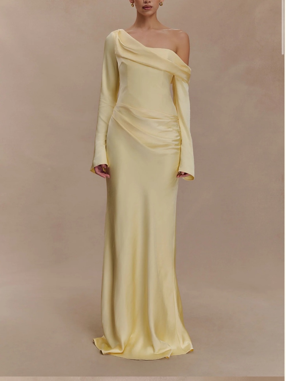 Meshki One-Shoulder Satin Gown in Pale Yellow